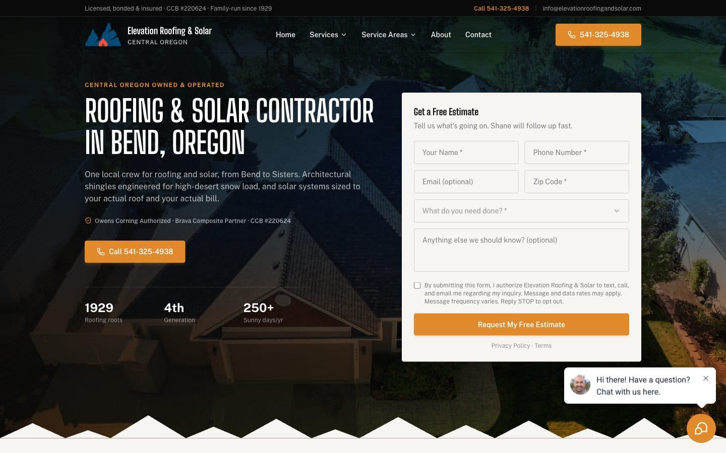 Home page of the Elevation Roofing & Solar website, built by Sprout Solution